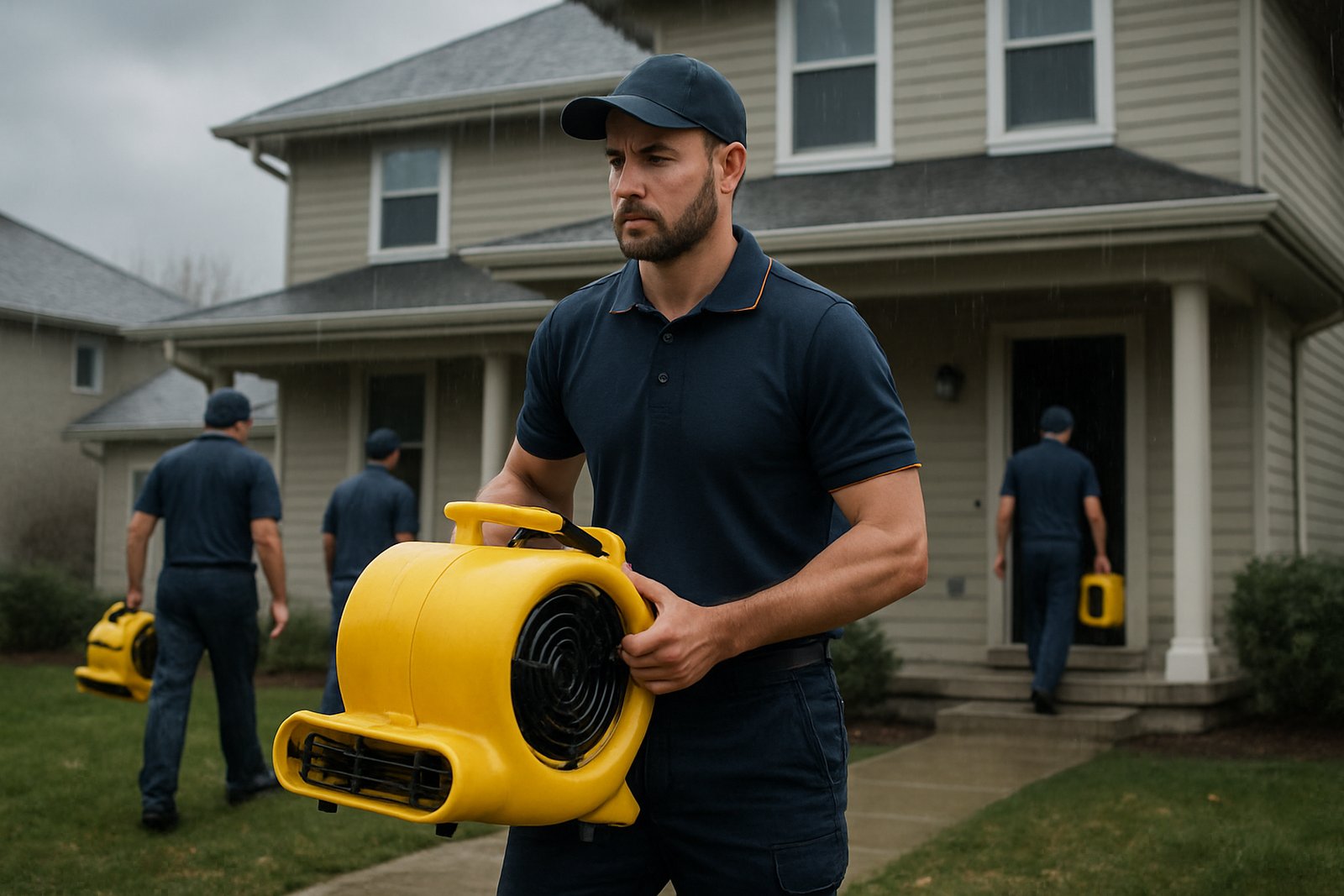 Water damage restoration crew drying a flooded room in Pasadena, TX