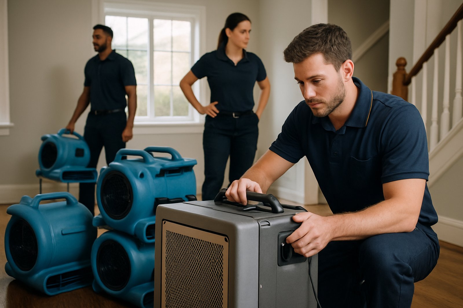 Water damage restoration services team and drying equipment ready in Houston