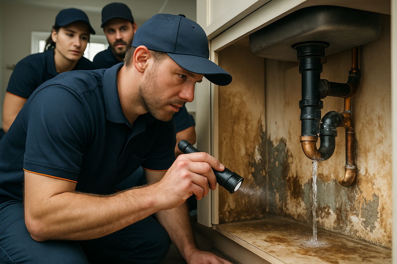 Water damage under a kitchen sink from a burst pipe in a Houston home