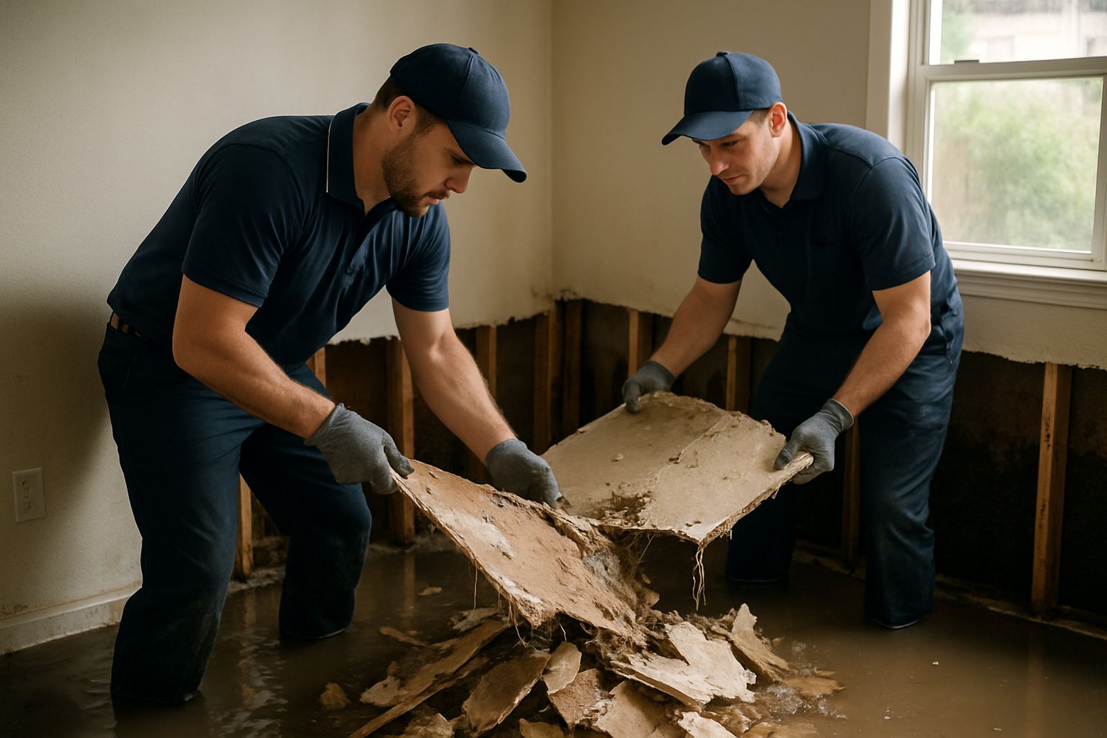 Flood cleanup crew removing water damaged drywall in a Houston house