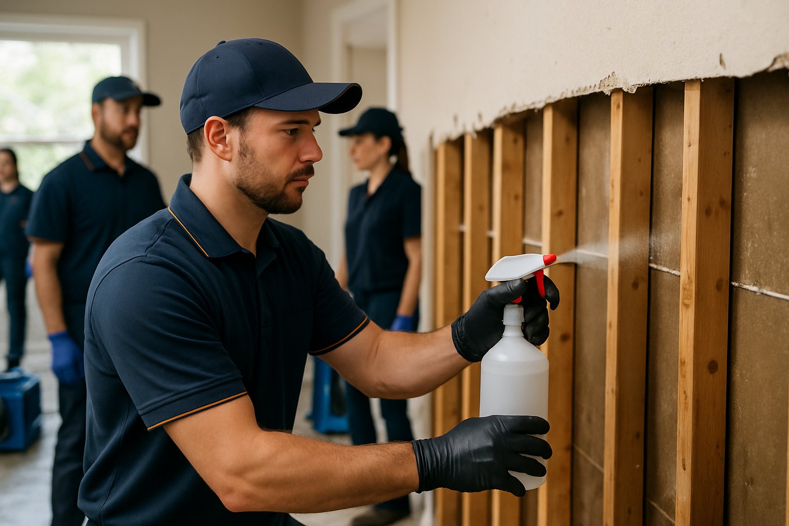 Technician applying antimicrobial treatment for mold prevention after water damage in Houston