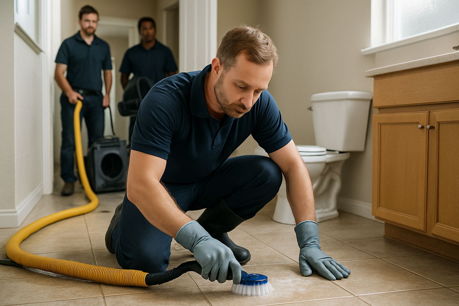 Technician in protective gear during a sewage cleanup after a backup in a Houston home