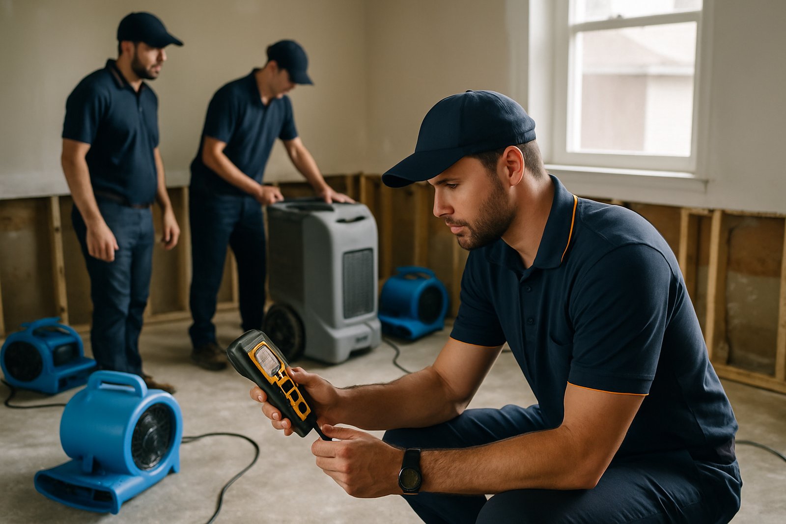Air movers and a dehumidifier set up for structural drying in a water damaged Houston room
