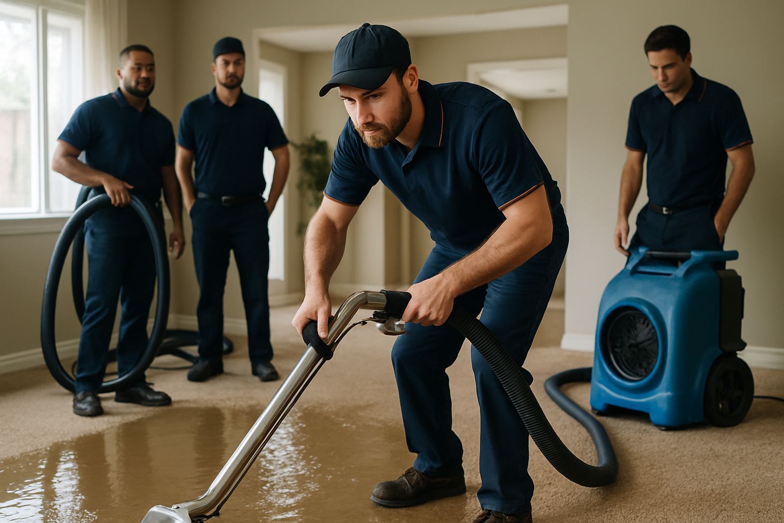 Technician running a water extraction wand over wet carpet in a Houston home